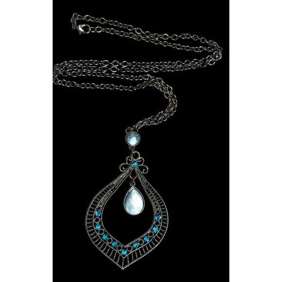 Bohemian Teardrop Blue Gemmed Silver Tone Pendant Necklace - Picture 1 of 8